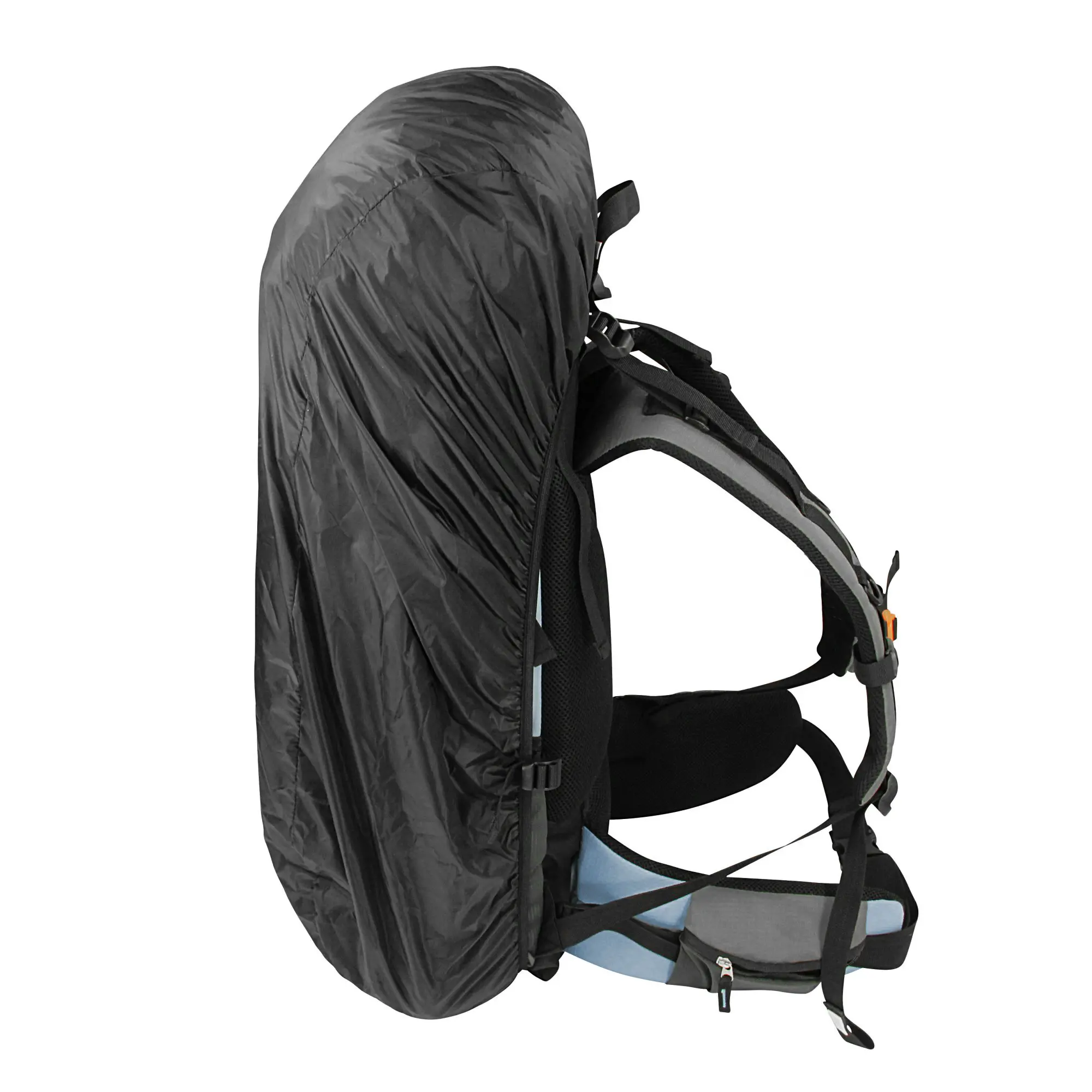 A gray and black hiking backpack with a rain cover, featuring adjustable straps, padding, and multiple compartments, designed for outdoor activities and travel.