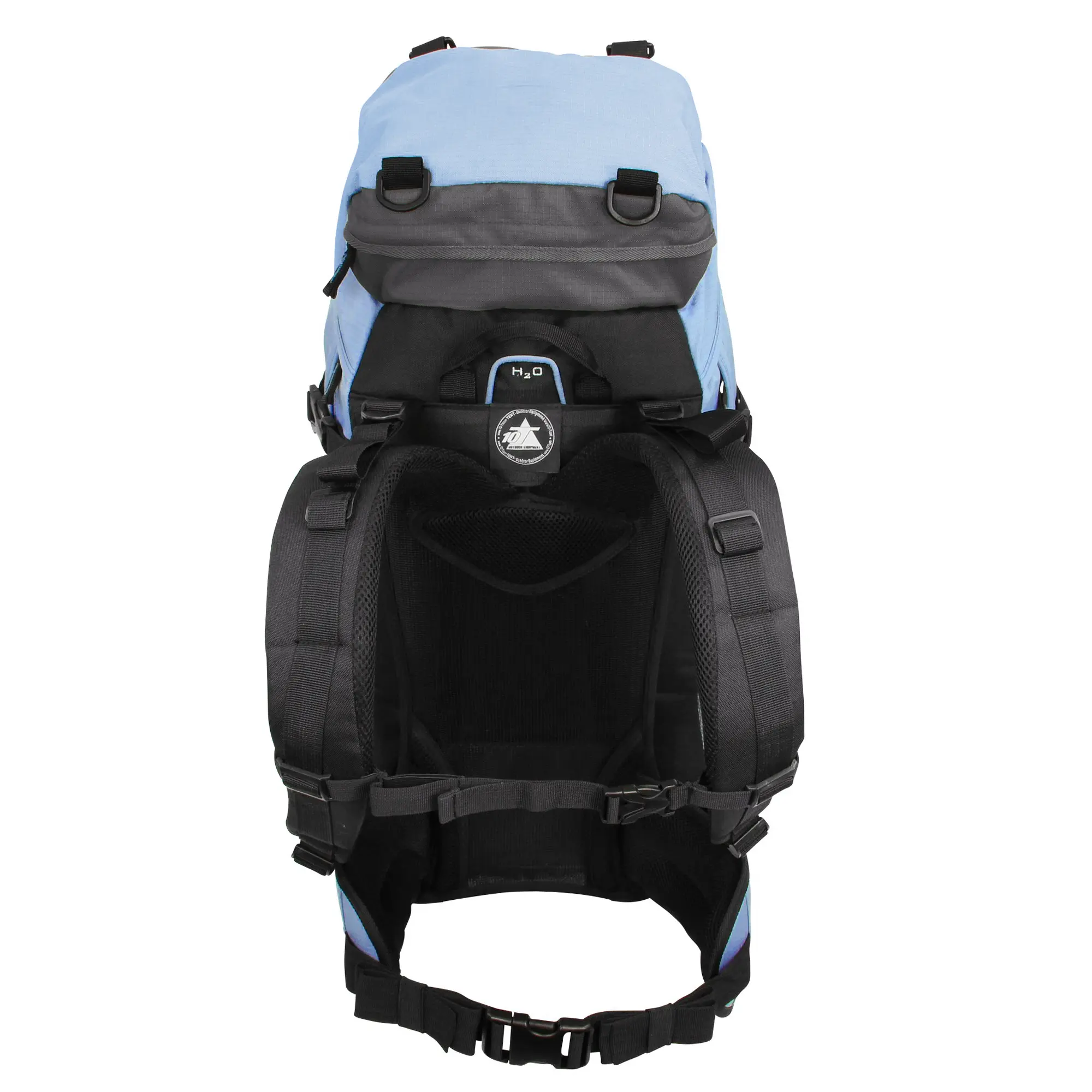 A large backpack with multiple compartments, including a gray top section and a black bottom section, designed for outdoor activities or travel, featuring adjustable straps and hydration system connections.