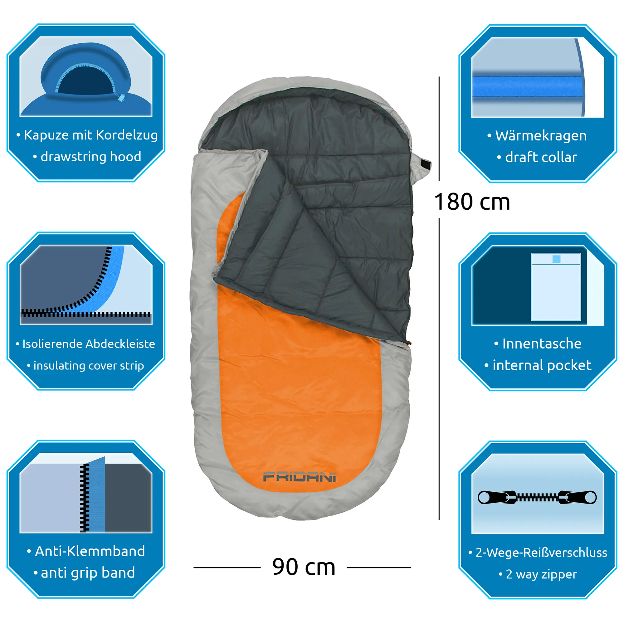 Auf dem Bild ist ein orange-grauer Schlafsack mit den Maßen 180 x 90 cm abgebildet, der Funktionen wie Kapuze mit Kordelzug, Wärmekragen, isolierende Abdeckleiste, Innentasche, Anti-Klemmband und 2-Wege-Reißverschluss detailliert zeigt.