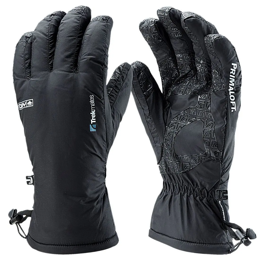 Trekmates Kinner XL Herren Handschuh Fingerhandschuh warme Thermo DRY Membran Zwei schwarze Wintersport-Handschuhe mit Logo- und Labelaufdruck, die vorne die Außenseite und hinten die Innenseite zeigen, aus robustem Material mit flexiblem Gummizug, verstellbarem Verschluss und gummierten Griffflächen.