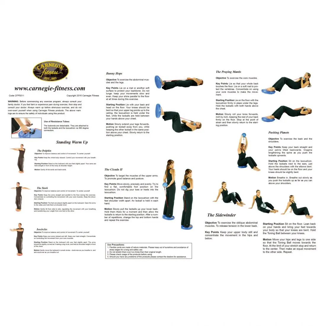 Das Bild zeigt eine Übersicht von verschiedenen Fitnessübungen mit Anleitungen und Fotos, darunter Übungen wie Bunny Hops, The Praying Mantis, The Dolphin, The Cicada II, The Stork, The Sidewinder und Isokinetics.
