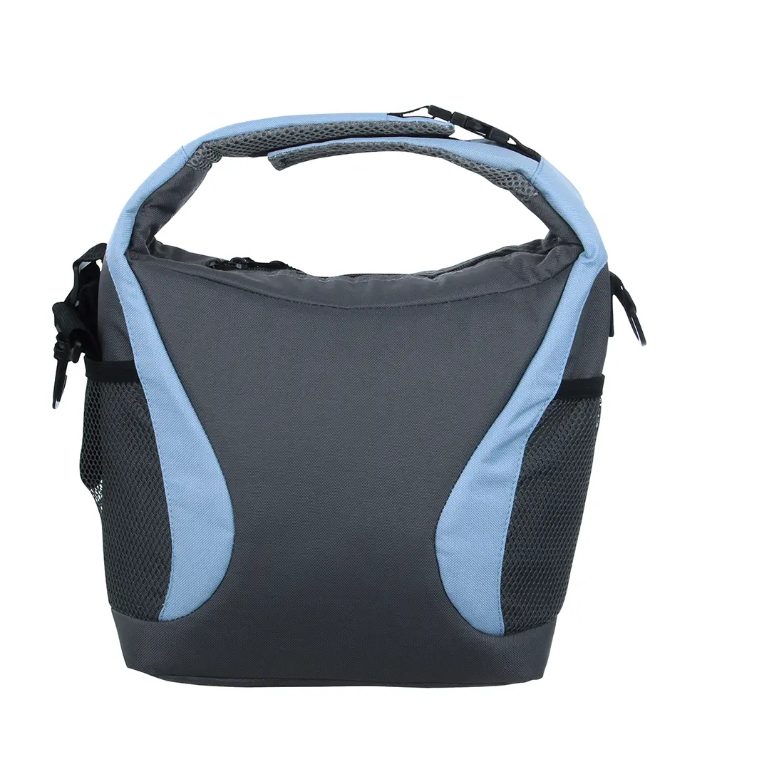 Ein grauer und blauer Fahrrad- oder Sporttasche mit einem Griff oben und seitlichen Netztaschen, vor einem weißen Hintergrund.