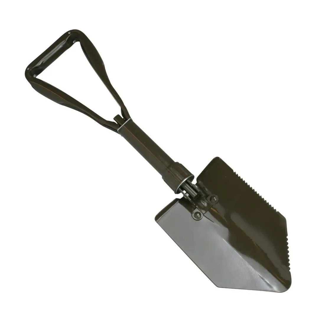Ein schwarzer Handspaten mit gefedertem Griff und einer scharfen, gezackten Kante, ideal zum Gartenarbeiten.