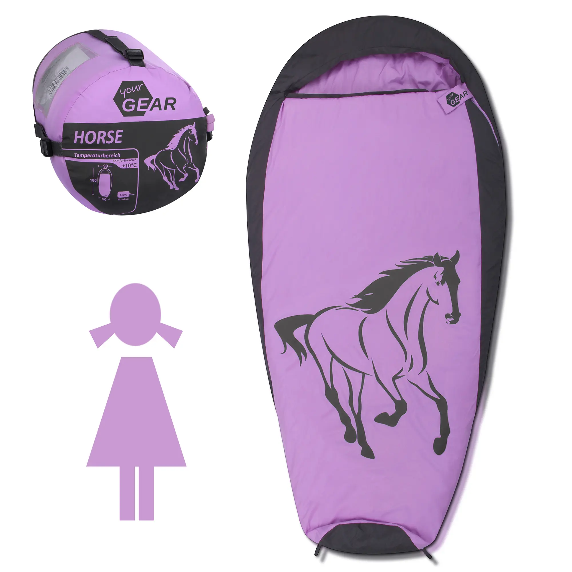 yourGEAR Kinderschlafsack Horse Mumienschlafsack 180x90 cm Sommerschlafsack 300 g/m² Rosa Grau warm yourGEAR Kinderschlafsack Horse Mumienschlafsack 180x90 cm Sommerschlafsack 300 g/m² Rosa Grau warm