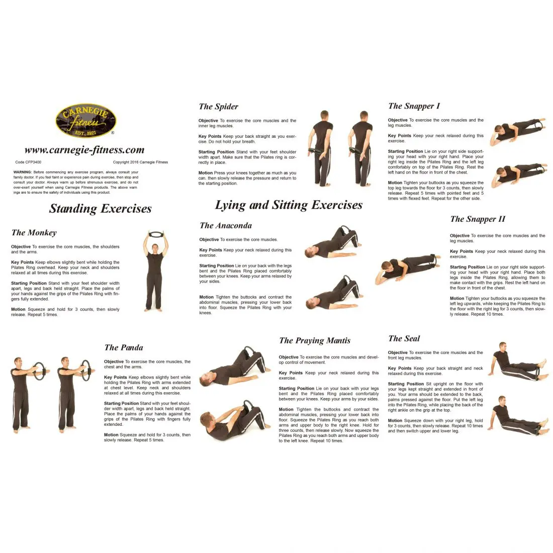 Ein Infoblatt mit verschiedenen Übungen zum Thema "Living and Sitting Exercises", inklusive Bildern und Anleitungen für Übungen wie den Affen, die Anaconda, den Pinguin, den Mönch, den Papagei, den Betenden Mantel und den Sitz, samt Ziel, Hinweise un
