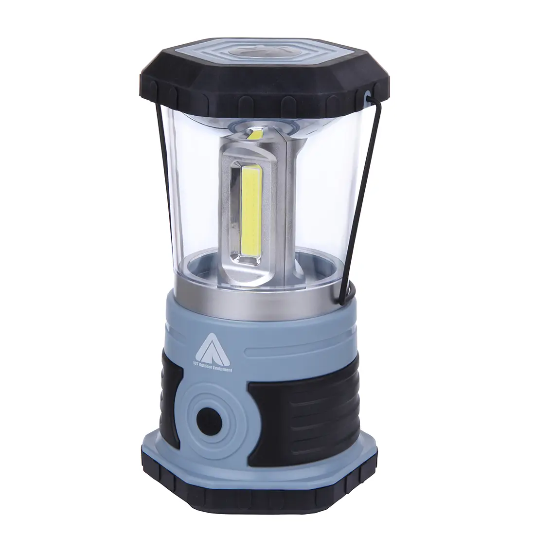 Ein LED-Taschenlampen- oder Laternenlicht mit einem schwarzen Kunststoffdach und einem transparenten Gehäuse, das eine LED-Lichtquelle im Inneren sowie einen ovale Metallrahmen an der Vorderseite enthält.