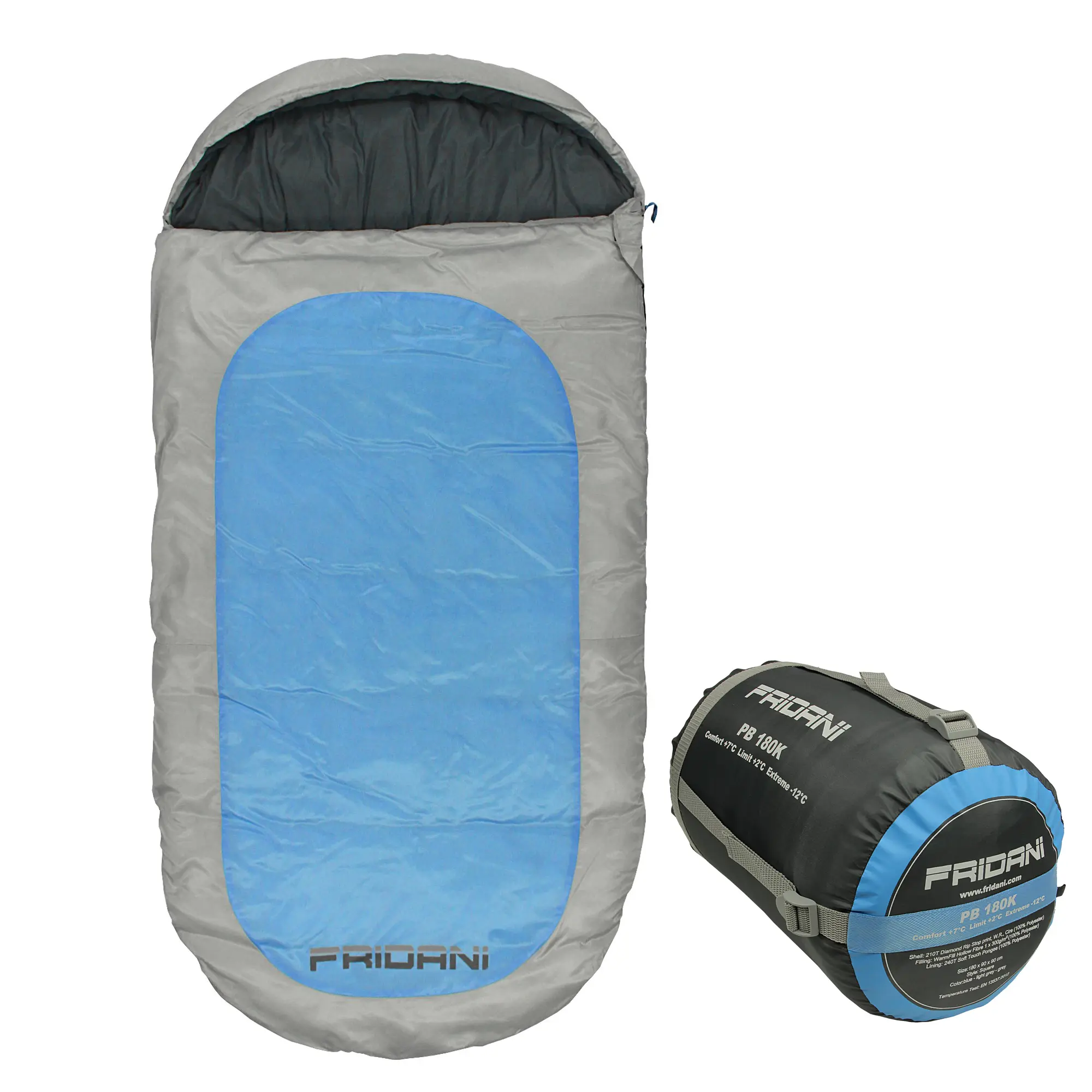 Fridani Kinderschlafsack PB 180x90cm XXL Deckenschlafsack -12°C Blau warm wasserabweisend waschbar Ein grauer Schlafsack mit blauer Fläche und Kapuze liegt flach ausgebreitet, daneben ist derselbe Schlafsack zusammengerollt in einer schwarzen und blauen Transporthülle zu sehen.