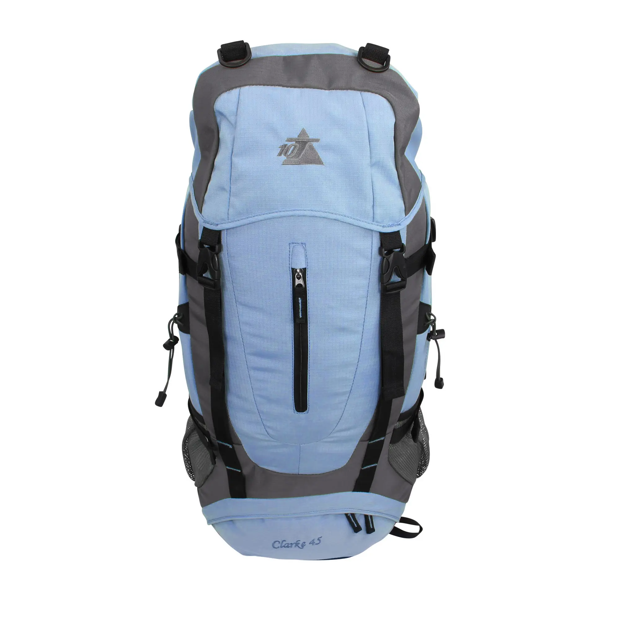 A light blue and gray hiking backpack with multiple straps, zippered compartments, and mesh side pockets, designed for outdoor use.