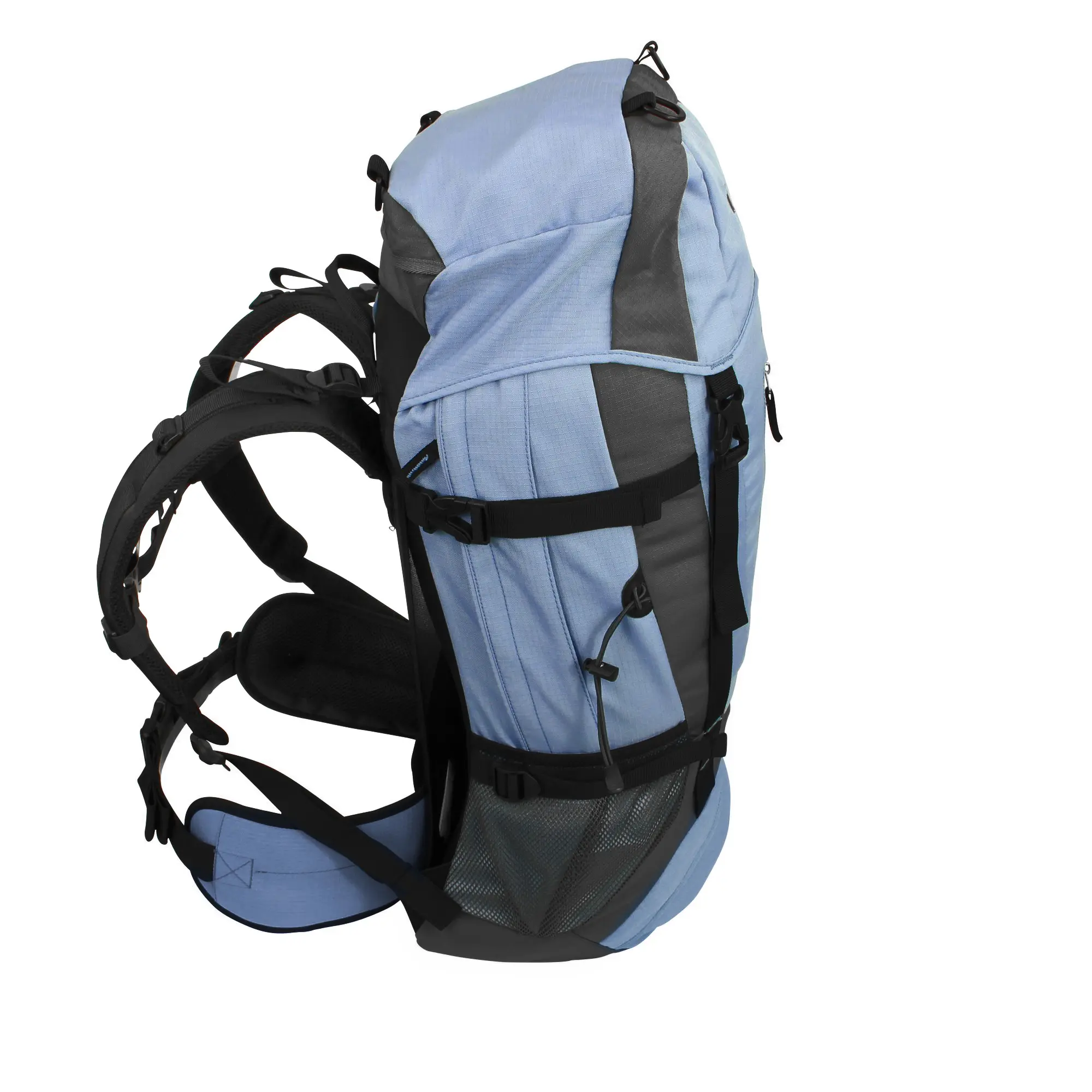 A blue and black hiking backpack with multiple compartments, adjustable straps, and mesh pockets designed for outdoor travel and carrying gear.