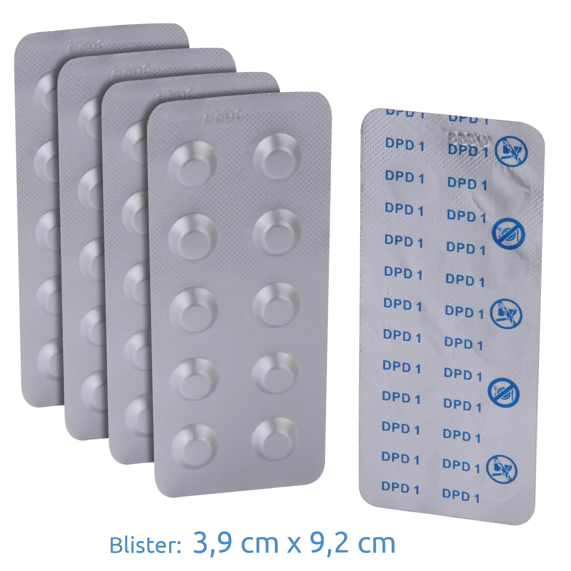 Fünf Blisterpackungen mit silberner Vorderseite und Rückseite mit der Aufschrift „DPD 1“ sind sichtbar, die Maße sind 3,9 cm x 9,2 cm.